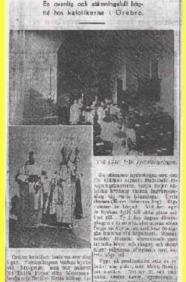 Kyrksalen vid invigningen 1934 med muralmålningen i koret